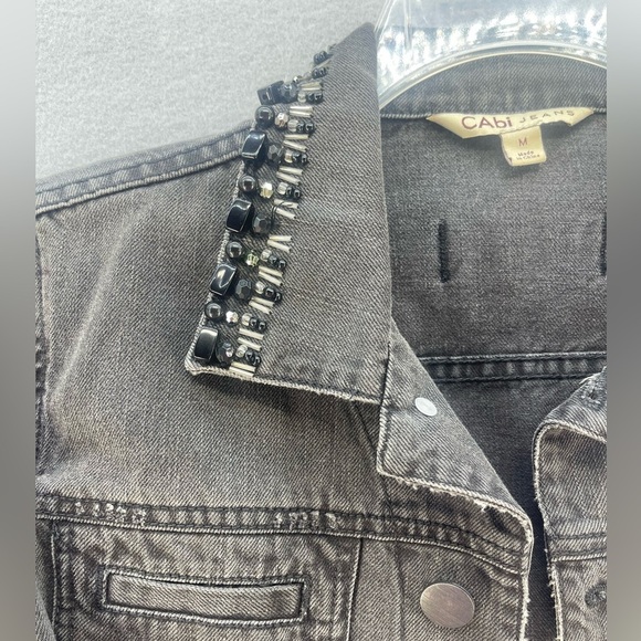 CAbi Jeans Black Distressed Jean Jacket with Beaded Collar Women’s Size Medium - Picture 10 of 16